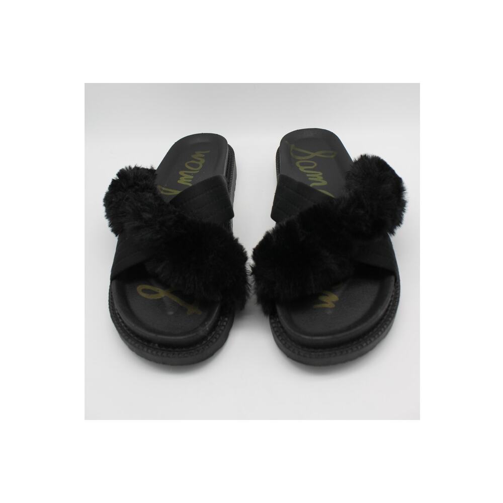 Sam Edelman Biance Black Faux Fur Fuzzy Crossover Open Toe Slide Sandals Size 9M
